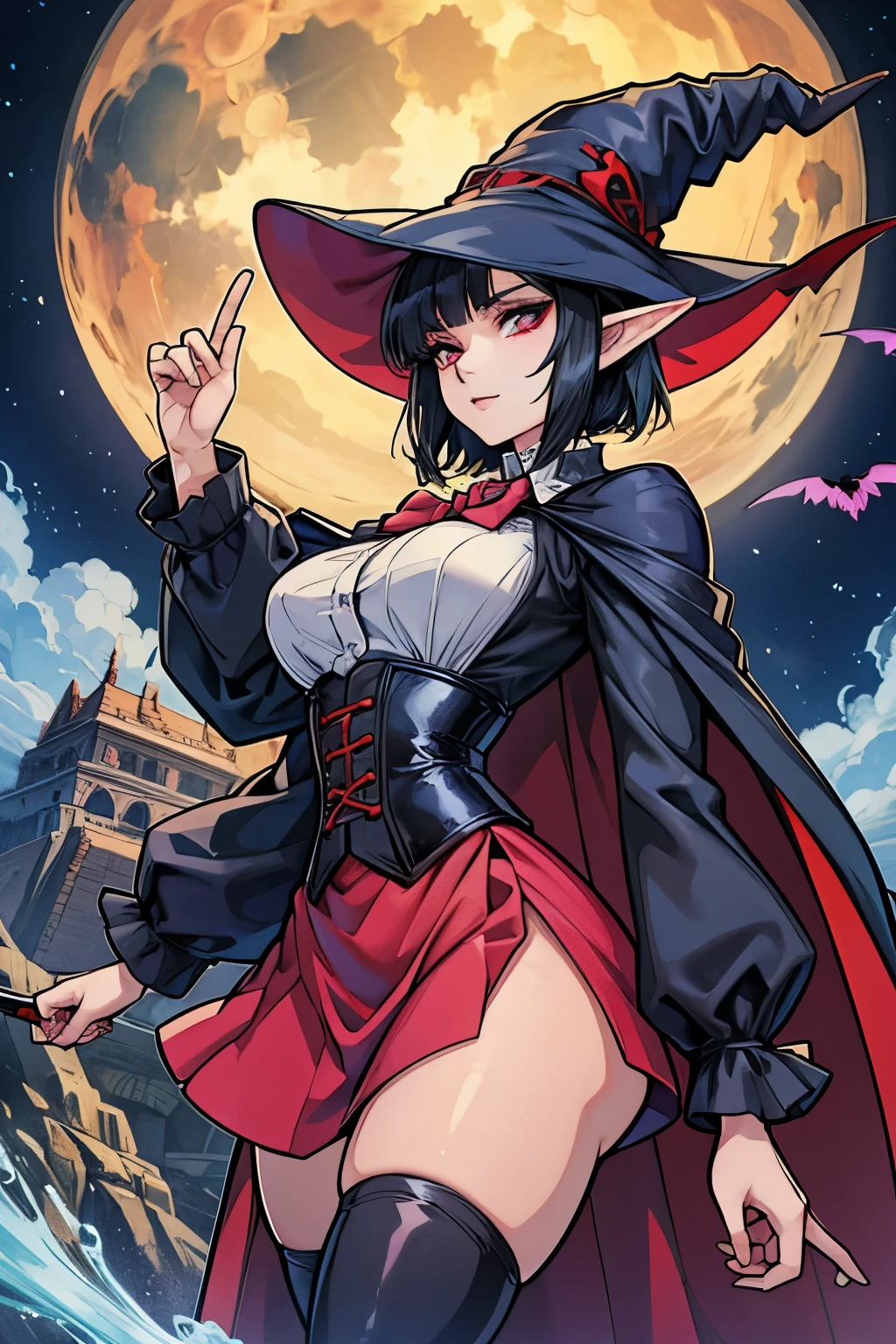 Anime girl, short black hair, Bangs are heavy, elf ears, red eyes, vampire, sorcerer, magician, witch, big witch hat, elegant,((best quality)), ((highly detailed)), masterpiece, absurdres, (detailed eyes, deep eyes), (1girl), puffy shirt, big bowtie, corset, skirt, stockings, boots, cape, Outside at night when the moon shines, dress, frills, The sleeves are wide at the hem, long sleeve shirt