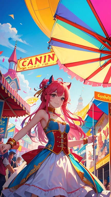 Task: Create an image of a whimsical carnival with carousel rides, cotton candy vendors, and performers in colorful costumes. Style: Playful and vibrant, with dynamic compositions capturing the excitement of the carnival.