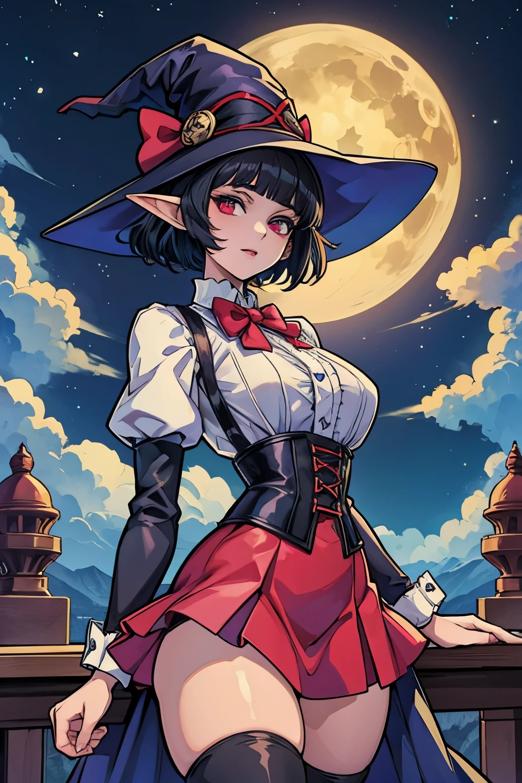 Anime girl, short black hair, Bangs are heavy, elf ears, red eyes, vampire, sorcerer, magician, witch, big witch hat, elegant,((best quality)), ((highly detailed)), masterpiece, absurdres, (detailed eyes, deep eyes), (1girl), puffy shirt, big bowtie, corset, skirt, stockings, boots, cape, Outside at night when the moon shines, dress, frills, The sleeves are wide at the hem, long sleeve shirt