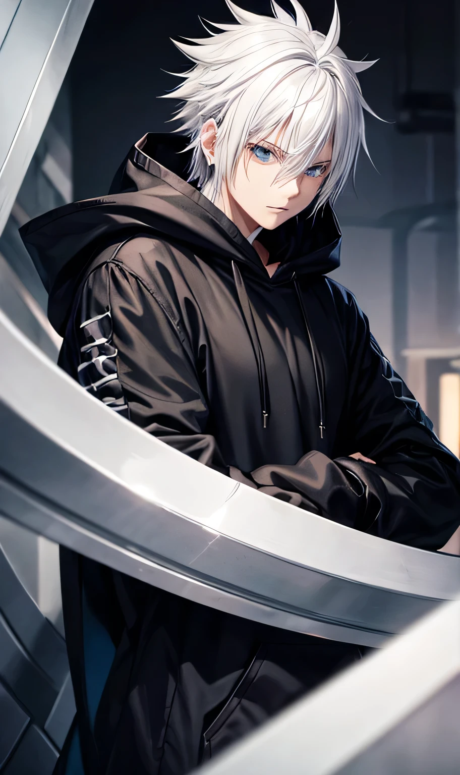 Black hoodie,Wearing a hood,
male,silver hair,Spiky Hair,Visual Kei,