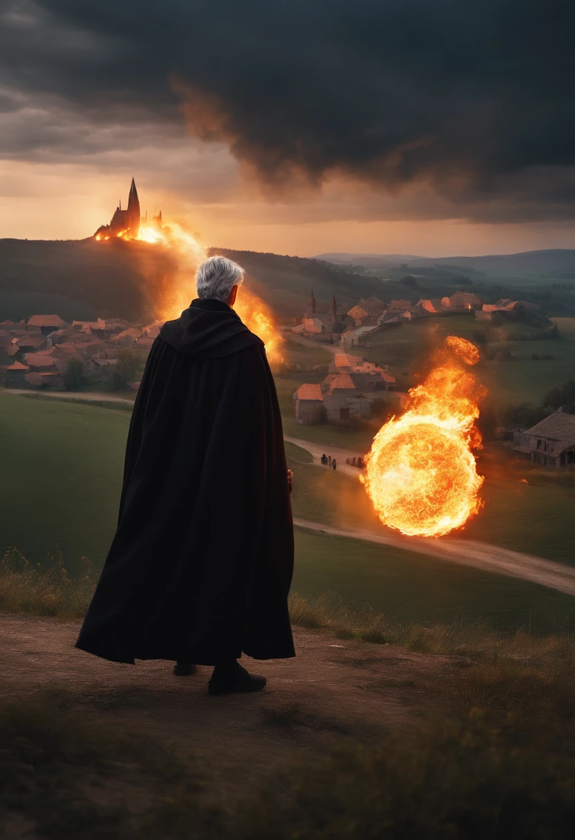 8k, close distance portrait, a male wizard with black clothes and grey short hair from behind, throwing a super massive huge fireball to a village in the distance from hill while a lighting is coming, with a burning village background the distance
