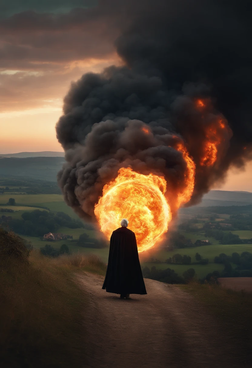 8k, close distance portrait, a male wizard with black clothes and grey short hair from behind, throwing a super massive huge fireball to a village in the distance from hill while a lighting is coming, with a burning village background the distance