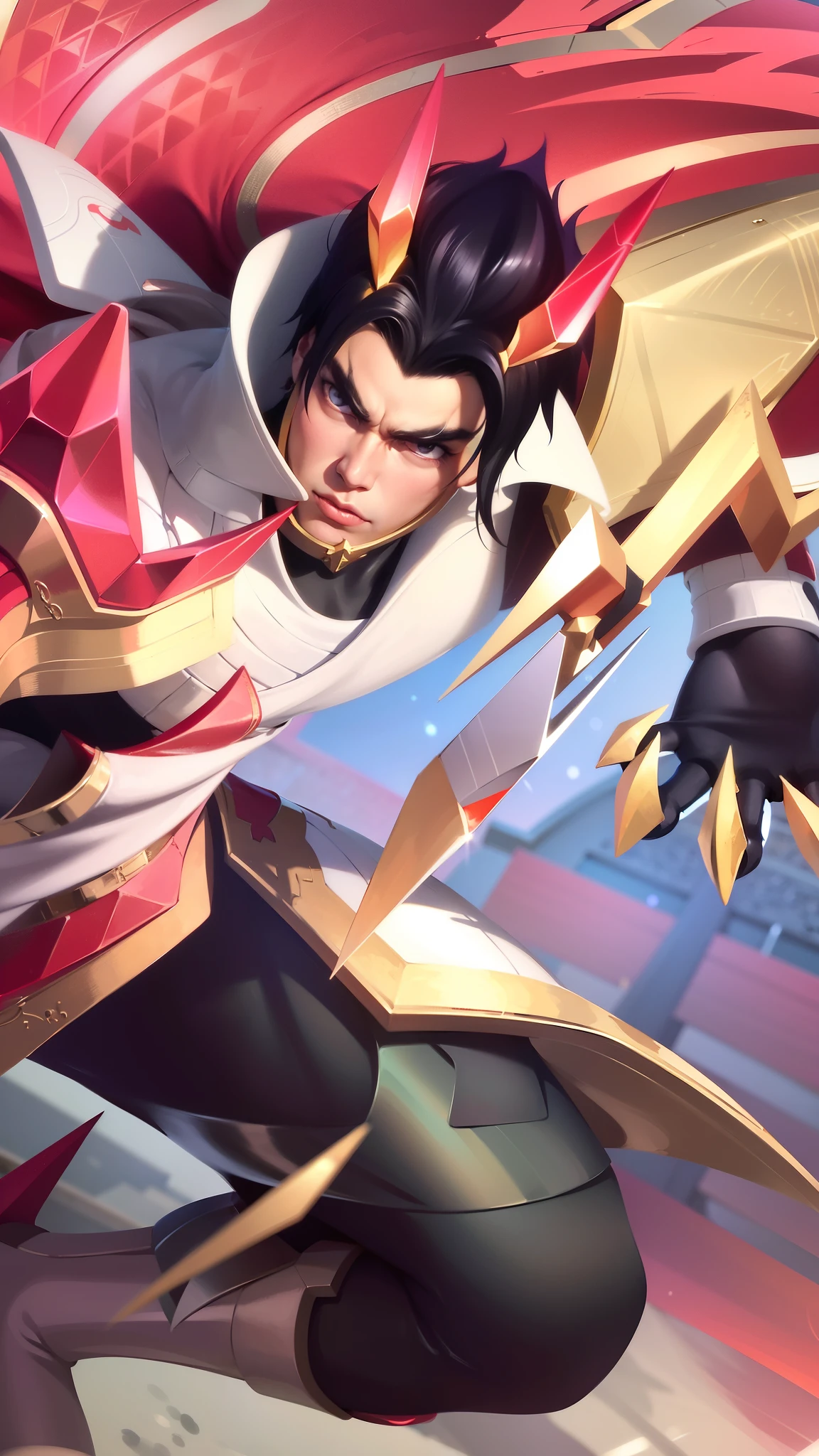 a close up of a guy with a sword and a red cape, son of sparda, handsome guy in demon slayer art, Best quality, masterpiece, detailed skin texture, detailed clothes texture, detailed face, super detail, 8k, intricate detail, The color doesn't change, Muscle guy, 1 guy.
