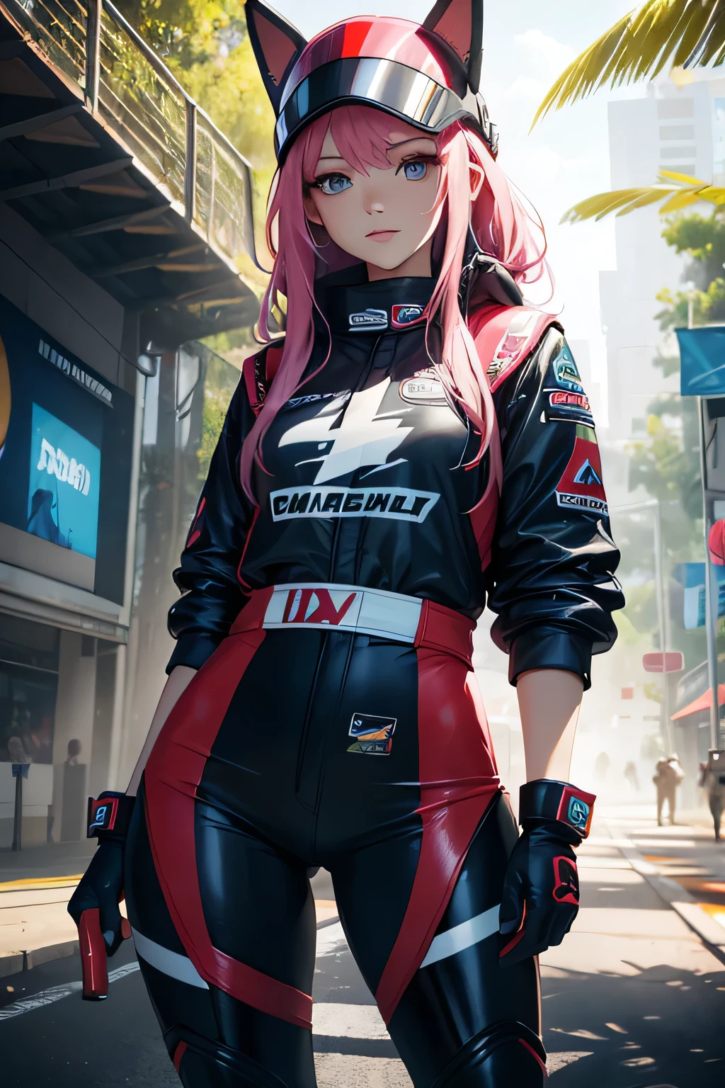 ultra HD, haute  resolution, verry detailed picture, the girl is wearing colored flashy beautiful clothes , wearing balaclava, race helmet in her hand, pilot outfit, sexy skirt and top, the girl is standing near a Ford mustang gt, race car, race circuit, beautiful car,realistic car, seductive anime girl, best rated on pixiv, beautiful lightening, , lights effects, many colors, HD, full details, high quality, verry large view, full view of woman and the jungle  