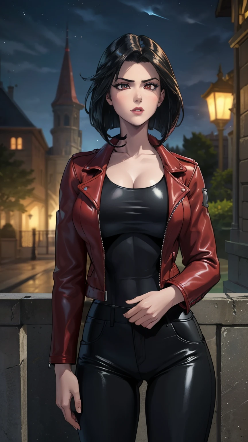 Photorealistic Image of Gorgeous 25 Years Old British Female Vampire Mercenary with Athletic Body, (Shoulder-level Bob Black Hair), (One Person), (Red Leather Jacket and Black Tight Pants:1.4), (Pale Skin:1.4), (Detailed Shiny Appearance:1.4), (Serious Face), Deep Cleavage, (Dynamic Pose:1.4), (Dark Castle at Night:1.4), Centered, (Full Body Shot), (From Front Shot), Insane Details, Intricate Face Detail, Intricate Hand Details, Cinematic Shot and Lighting, Realistic Colors, Masterpiece, Sharp Focus, Ultra Detailed, Taken with DSLR camera, Realistic Photography, Depth of Field, Incredibly Realistic Environment and Scene, Master Composition and Cinematography