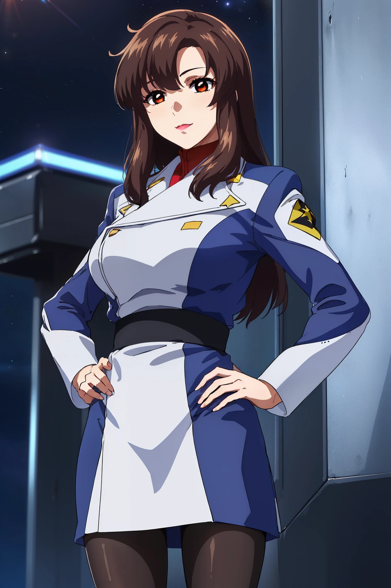 (Night:1.7),a space battleship in space,
walking in streets,pose, hand on hip
military uniform, military,jacket,blue and white uniform,Skirt,
(black_pantyhose:1.3), 
bangs,brown_hair, long_hair,red eyes,lipstick,makeup, 
1 girl,27yo,female,Beautiful Finger,Beautiful long legs,Beautiful body,Beautiful Nose,Beautiful character design, perfect eyes, perfect face, Japanese,cosplay,
looking at viewer, (innocent_big_eyes:1.0),alluring,embarrassed, shy,light smile,
NSFW,official art,extremely detailed CG unity 8k wallpaper, perfect lighting, (masterpiece:1.0),(best_quality:1.0), ultra high res,4K,ultra-detailed, photography, 8K, HDR, highres, absurdres:1.2, Kodak portra 400, film grain, blurry background, bokeh:1.2, lens flare, (vibrant_color:1.2),(beautiful_face:1.5),(narrow_waist),(perfect hands, perfect anatomy),