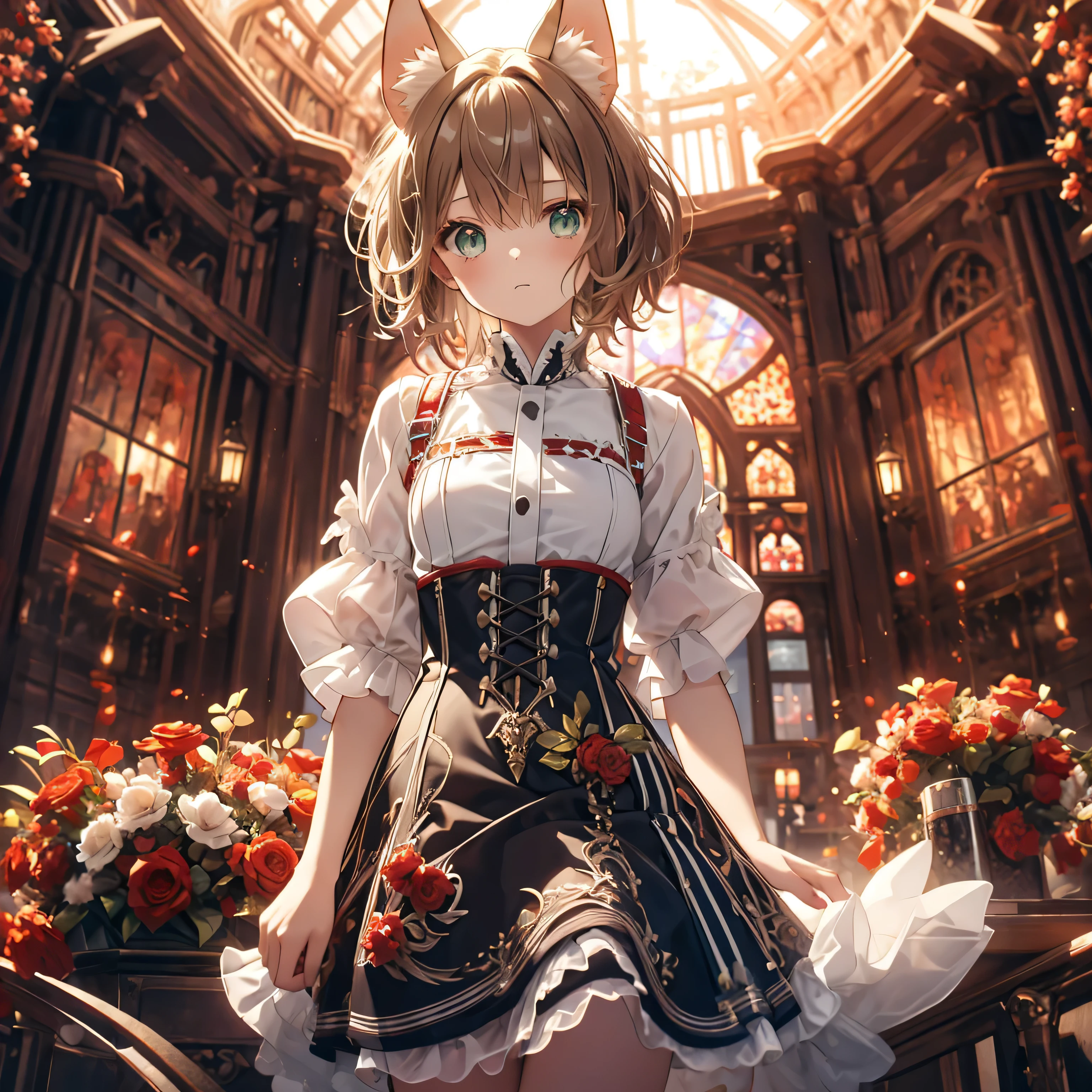 10-year-old girl, one person, Green Eyes, Brown Hair, Dog ears, Dog tail, Short Bob Hair, Small breasts,red and white gothic lolita, mini skirt, Short stature, Expressionless, 32K image quality, Ancient battlefield, Clothes with very detailed embroidery,