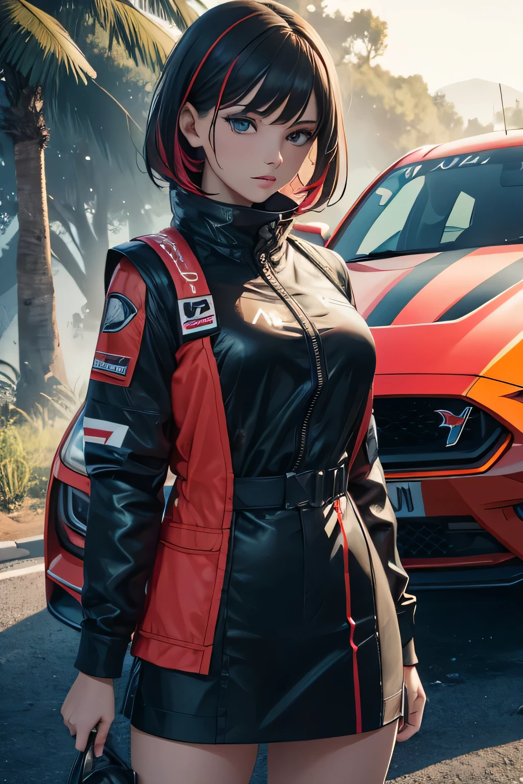 ultra HD, haute resolution, verry detailed picture, the girl is wearing colored flashy beautiful clothes , wearing balaclava, race helmet in her hand, pilot outfit, sexy skirt and top, the girl is standing near a Ford mustang gt, race car, race circuit, seductive anime girl, best rated on pixiv, beautiful lightening, , lights effects, many colors, HD, full details, high quality, verry large view, full view of woman and the jungle
