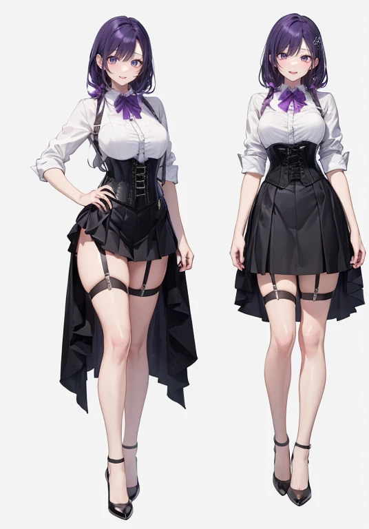 Purple hair,Long hair,Adult female,Bartender,((Body harness)),((Rolling up your sleeves shirt)),(Corset),(Tight skirt),Garter belt,High heels,((Simple background)),Smile,((Full body)),((whole body)),Character Sheet,