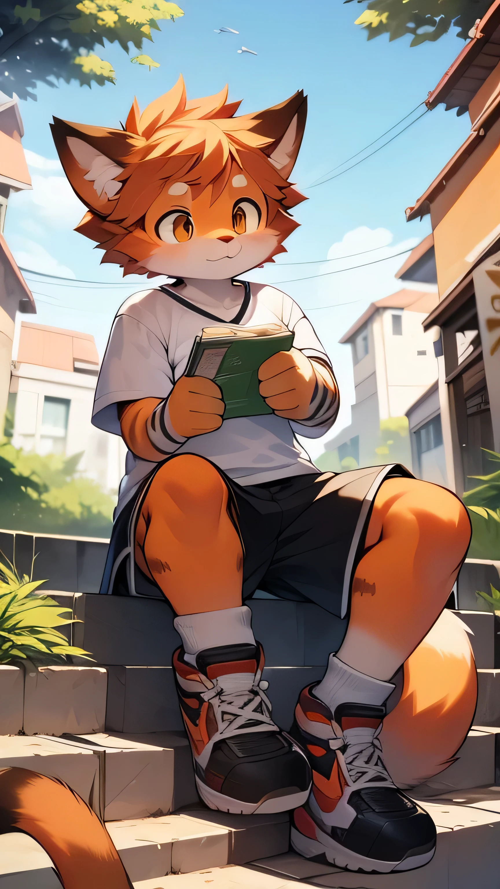 Cute orange cat,Orange Hair,hairy,Brown hair,Wearing white short-sleeve,Legs wrapped in bandages,sports shoes,Map in hand,Look down at the map