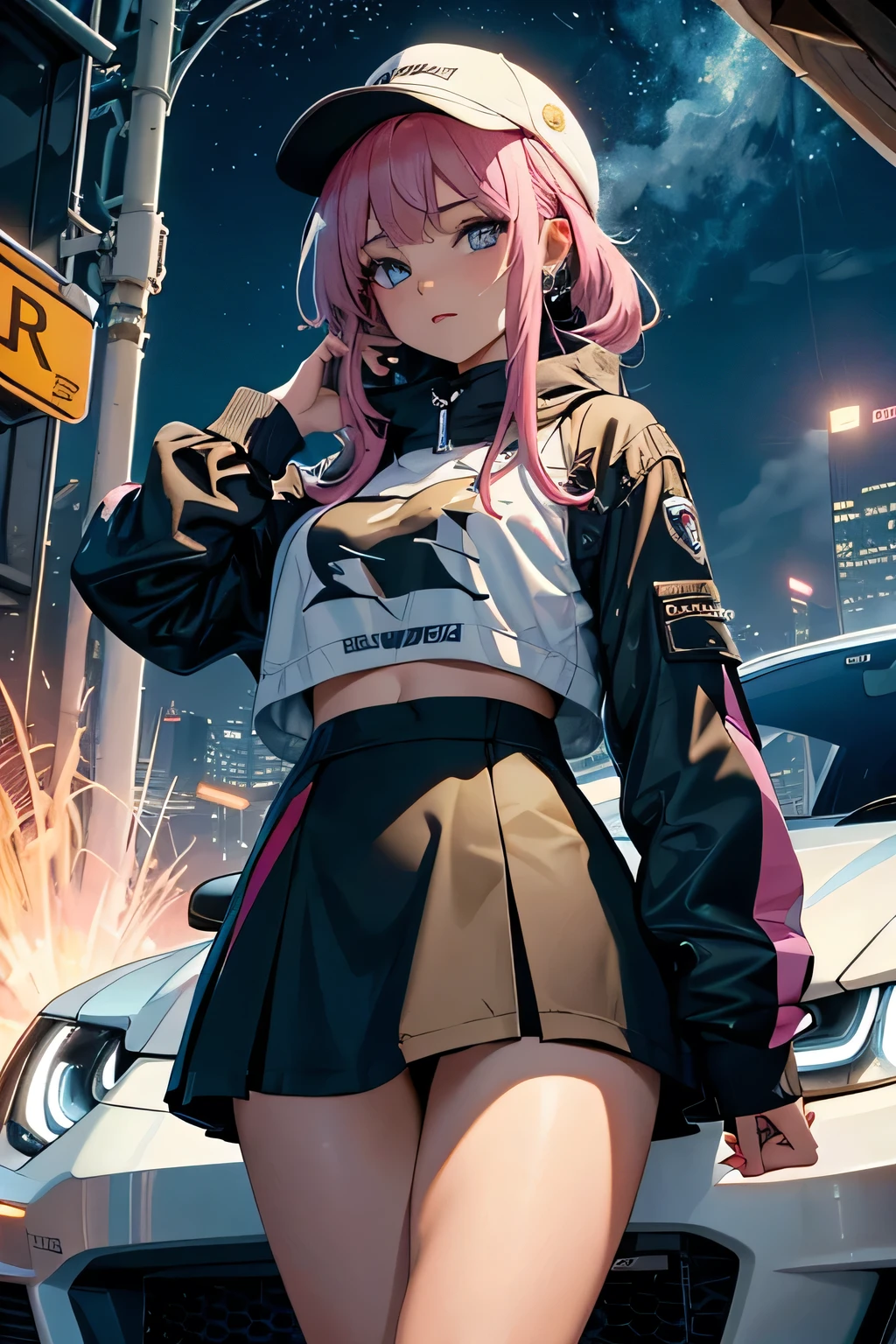 ultra HD, haute  resolution, verry detailed picture, the girl is wearing colored flashy beautiful clothes , wearing balaclava, race helmet in her hand, pilot outfit, sexy skirt and top, the girl is standing near a Ford mustang gt, race car, race circuit, seductive anime girl, best rated on pixiv, beautiful lightening, , lights effects, many colors, HD, full details, high quality, verry large view, full view of woman and the jungle  