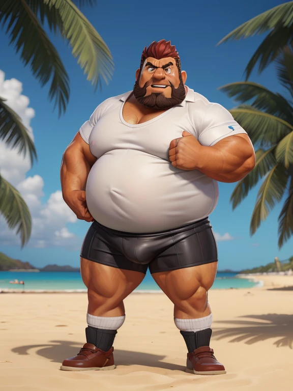 Just plump, chubby, extremely thick thighs, large belly,Create a photorealistic full body image of Fred Flinstone chubby chubby extremely thick thighs bulging belly wearing only red speedos as if he were a real man. Ele deveria ter barba por fazer. Japanese businessman, gordinho e atarracado, de 56 anos, ex-jogador de rugby, com cabelo curto e barba curta, in a suit and tie and competitive white swim pants, sentado em um banco em um parque tranquilo.(((talking to the spectator gesturing with his hands, dialogando, discutindo. he is calling the viewer, he is delivering something, he is gesturing for you to come closer to him. Gargalhando, zangado, triste, muito feliz, deprimido. Cabelos de cores variadas.))),looking at the sky, luz do sol brilhante, paradise beach