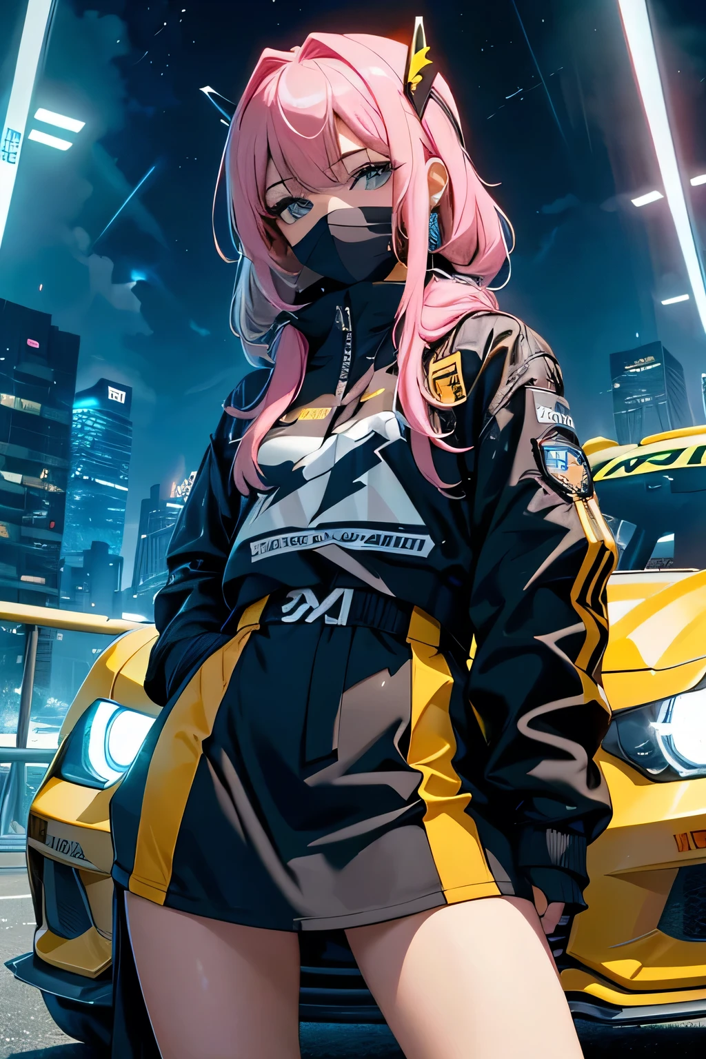 ultra HD, haute  resolution, verry detailed picture, the girl is wearing colored flashy beautiful clothes , wearing balaclava, race helmet in her hand, pilot outfit, sexy skirt and top, the girl is standing near a Ford mustang gt, race car, race circuit, seductive anime girl, best rated on pixiv, beautiful lightening, , lights effects, many colors, HD, full details, high quality, verry large view, full view of woman and the jungle  