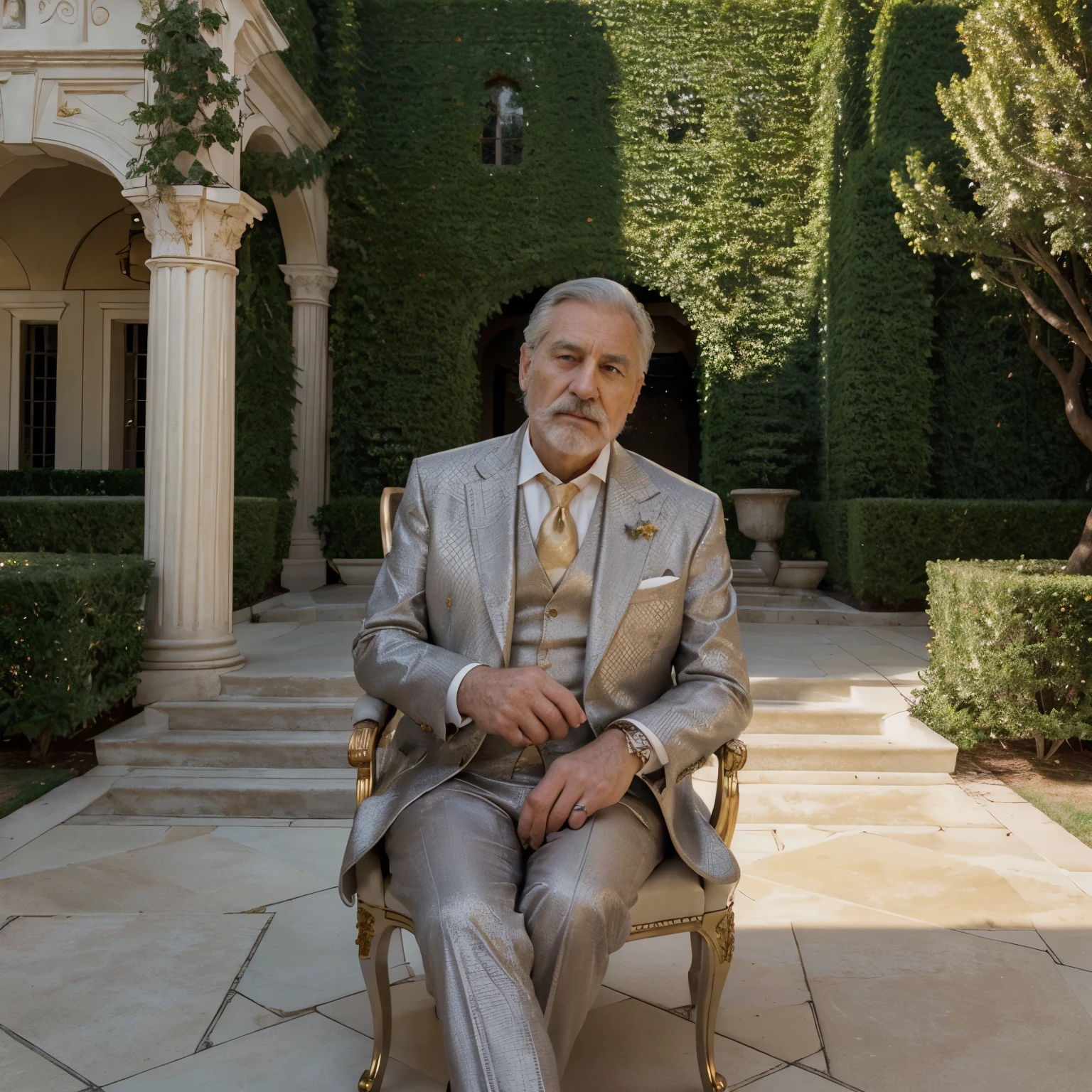 (best quality,4k,8k,highres,masterpiece:1.2),ultra-detailed,(realistic,photorealistic,photo-realistic:1.37),old rich man,wealthy elderly gentleman,wise expression,gray hair,fine wrinkles,expensive suit,detailed face,serious gaze,distinguished appearance,silver beard,well-groomed,impressive mustache,refined features,strong presence,grandiose persona,expansive mansion,opulent surroundings,beautifully decorated interiors,elegant furniture,luxurious textures,golden accents,crown molding,gorgeous chandeliers,expensive artwork,picturesque garden,manicured lawns,winding pathways,majestic fountain,sparkling pool,towering hedges,vibrant flowers,exquisite sculptures,spellbinding sunset,colorful sky,dramatic lighting,soft shadows