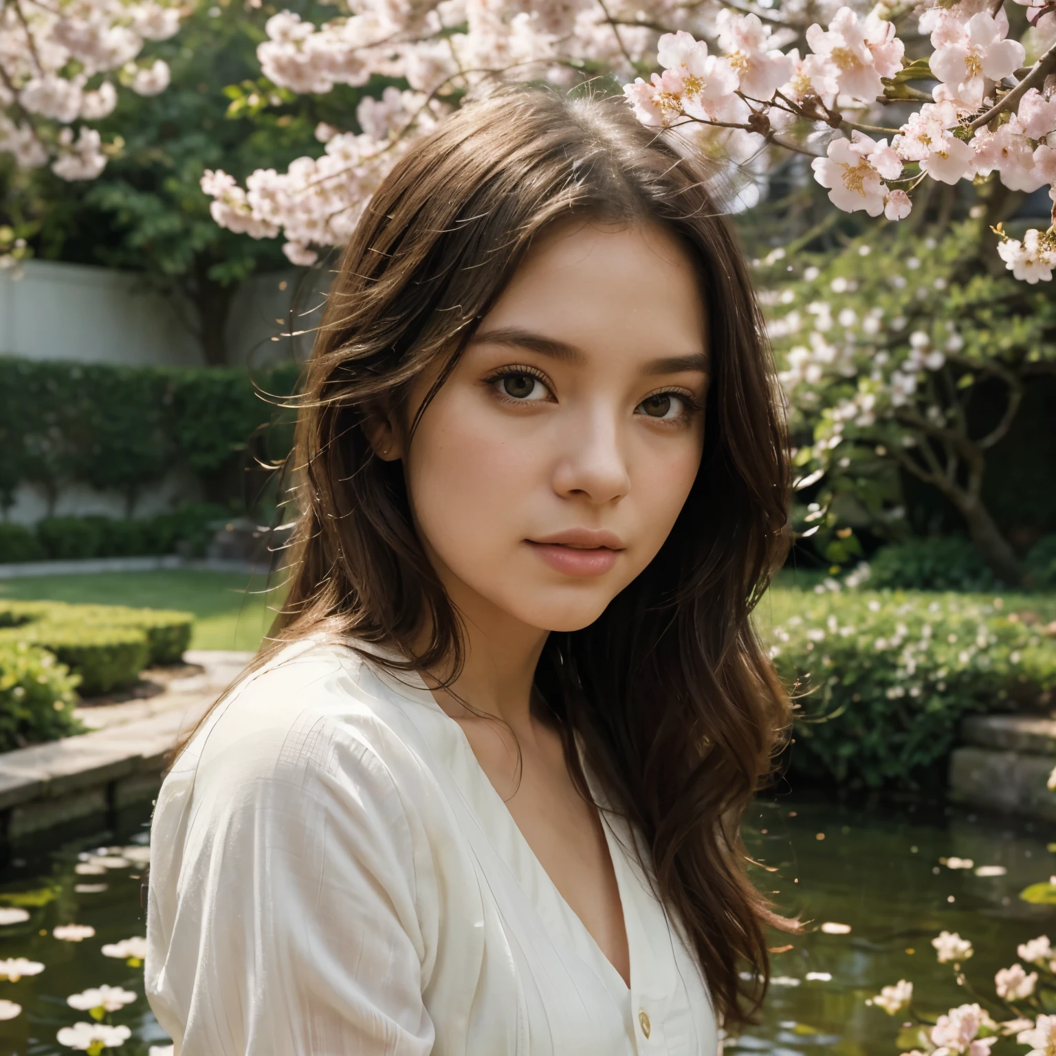 a girl in a serene garden, surrounded by cherry blossom trees, with the sunlight filtering through the branches and casting a soft glow on her face and the landscape. She is wearing a flowing white dress that matches the ethereal atmosphere of the scene. The garden is meticulously landscaped, with a small koi pond, colorful flowers, and greenery that creates a sense of tranquility and harmony. The girl has beautiful detailed eyes, long eyelashes, and natural-looking lips. Her expression is calm and peaceful, reflecting the serenity of the garden. The artwork is rendered in a medium that resembles an impressionistic oil painting, with soft brushstrokes that capture the delicate beauty of the cherry blossoms and the girl's features. The colors are vibrant and vivid, with a focus on pastel shades that enhance the dreamlike quality of the scene. The lighting is soft and diffused, creating a warm and inviting ambiance. The overall quality of the image is exceptionally high, with ultra-detailed elements that showcase the artist's skill. The image exudes a realistic, photorealistic quality, with attention to every minute detail. The artwork is a masterpiece, with its high resolution and artistic flair. The color palette is inspired by the soft and delicate hues of cherry blossoms, with shades of pinks, whites, and greens dominating the scene. The lighting in the artwork is reminiscent of a golden hour, with a subtle warmth that adds depth and dimension to the image.