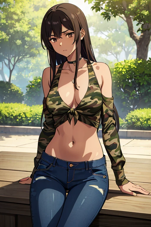 ((best quality)), ((masterpiece)), (detailed), perfect face, brown skin anime girl in a deep V Neck front-tie top, (bare shoulders), (jeans trousers), (camo designed top), famished in hunger, (gently resting hands on stomach), (long hair), (hands on her stomach)