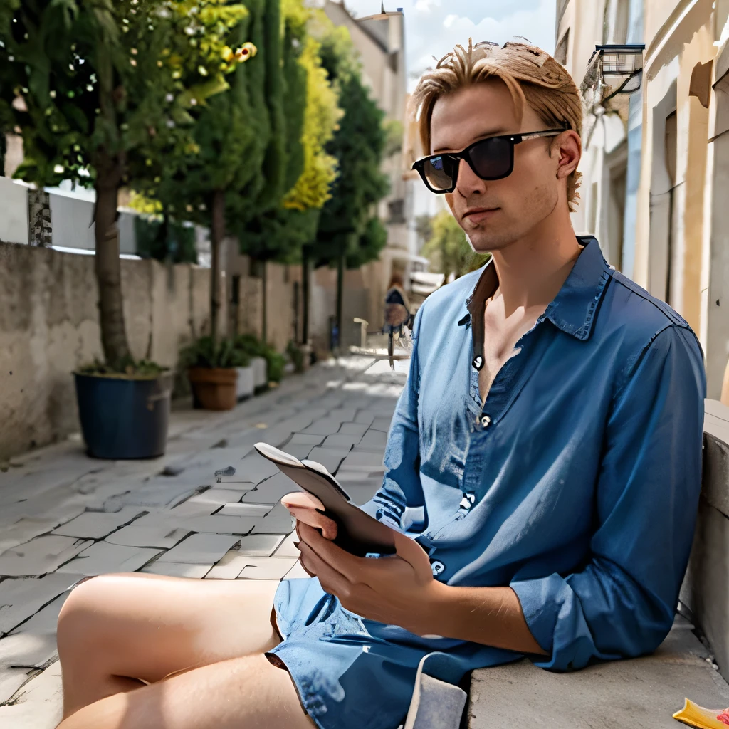 un homme de 18 ans avec des cheveux court blond avec des lunettes de soleil, sitting on a terrace in a street, il fait beau, il ne regarde pas devant lui et passe la main dans ses cheveux, il a un ordinateur portable devant lui pour travailler, ultra realistic