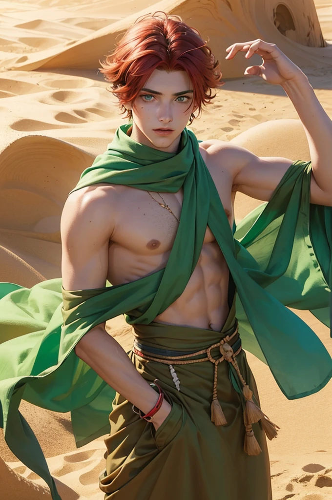 Young man, effeminate face, in the desert, red hair, bright green eyes, sand dust, sand, desert plant, oriental, arabic, green ruin, sun, clear sky, wind, tousled hair, freckle.