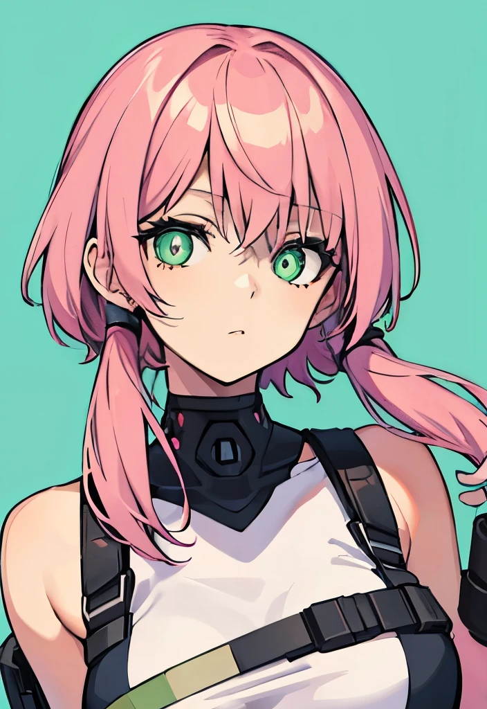 Human female, pink hair , holding gun , Green pupils 