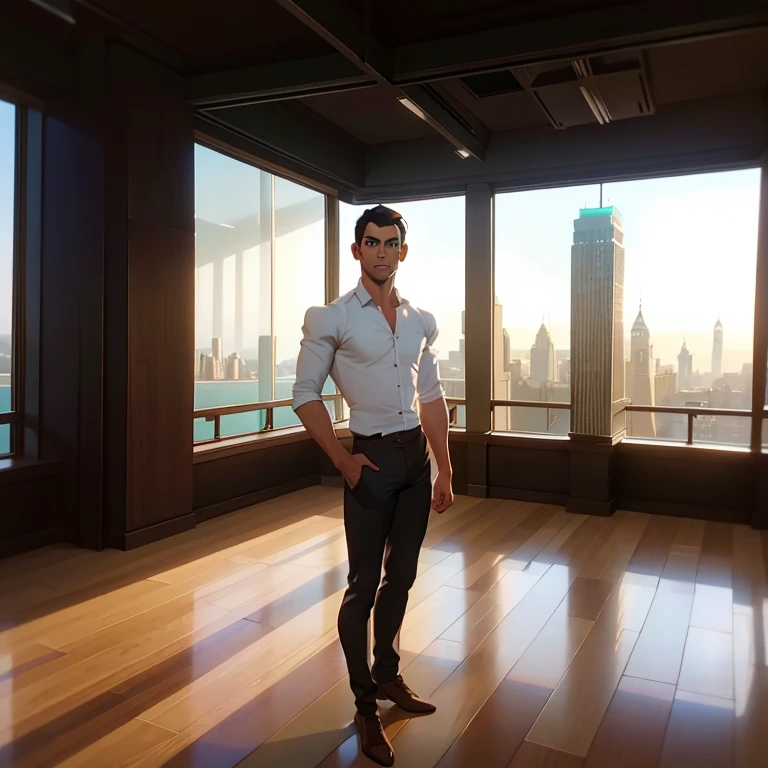 jon, a young guy in his 30s with asymmetric very short brown hair, green eyes with brown specs, a flat nose, smooth skin, slim athletic body, ((full body, white shirt)), standing in brightly lit modern conference room, top to bottom glass widows showing new york skyline