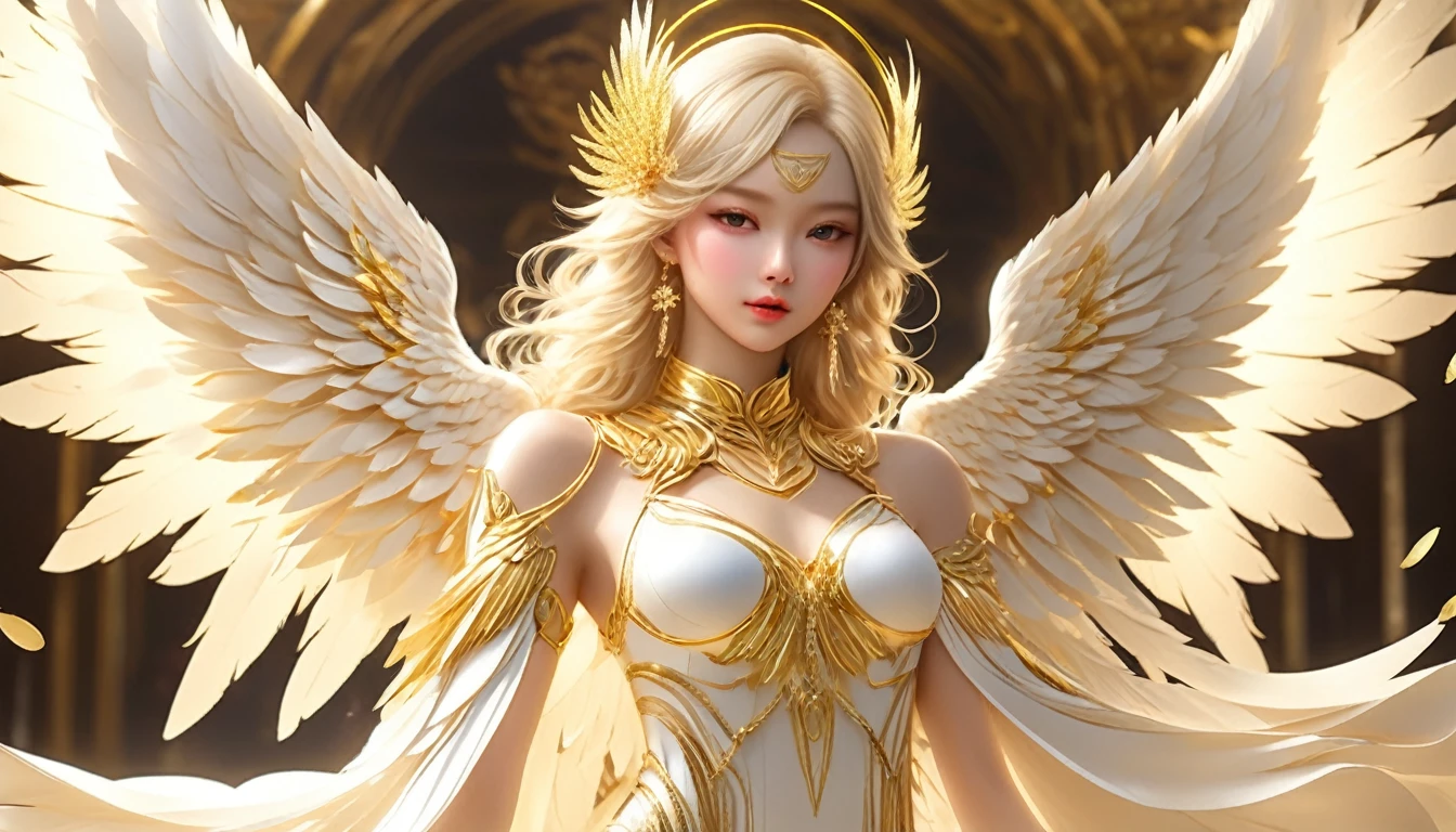 White and Gold, 电影照片whole body女性天使, Her appearance perfectly blends the ancient mystery. Have the face and style of a contemporary supermodel, She exudes a kind of cold and detached beauty, Giant angel feather wings, (masterpiece, best quality, great, Unity&#39;s highly detailed、8k wallpaper, Depth of Field, Super detailed illustrations:1.5)、3D, Extremely detailed, (whole body、Mechanical Elf Girl:1.3), sci-fi battlefield, hawken, Smile, open mouth, Short Ponytail, (white blonde, Deep blue eyes:1.2), Bright Eyes, Cute face, Kawaii, Large Breasts, Fine hair, Messy hair, (((Flying in the sky))、Blue sky, White Cloud), Shiny hair, Glowing skin, (Symmetrical mechanical wing、Metallic colored mechanical wings that are widely expanded to the left and right so that they protrude greatly from the screen, hat, White hair ornaments), (Light Particles, Movie Lighting: 1.3), (Thin pink lips: 0.8), 