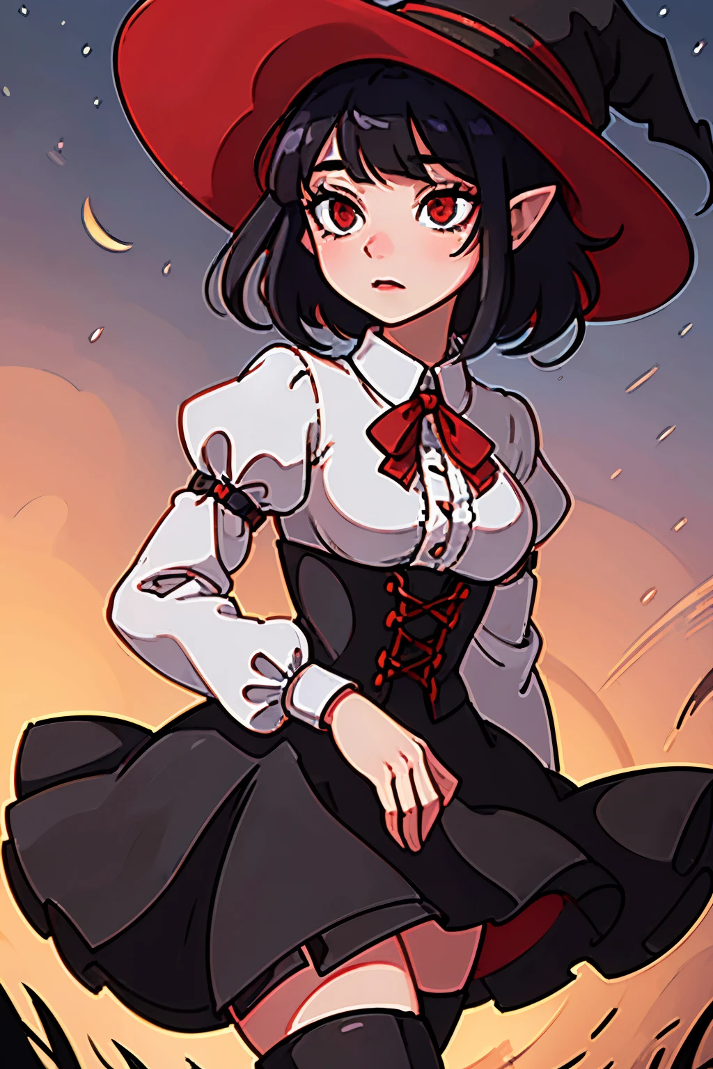 Anime girl, short black hair, Bangs are heavy, elf ears, red eyes, vampire, sorcerer, magician, witch, big witch hat, elegant,((best quality)), ((highly detailed)), masterpiece, absurdres, (detailed eyes, deep eyes), (1girl), puffy shirt, big bowtie, corset, skirt, stockings, boots, cape, Outside at night when the moon shines, dress, frills, The sleeves are wide at the hem, long sleeve shirt