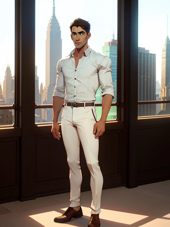 jon, a young guy in his 30s with asymmetric very short brown hair, green eyes with brown specs, a flat nose, smooth skin, slim athletic body, ((full body, white shirt)), standing in brightly lit modern conference room, top to bottom glass widows showing new york skyline