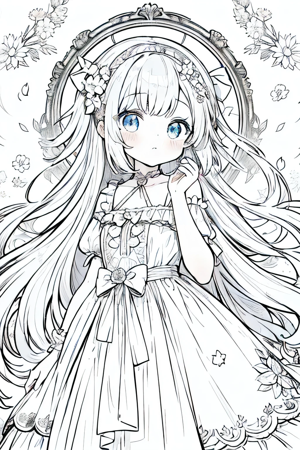 Drawing of a girl with long hair and a dress, Beautiful line art,  In a dress, Highly detailed official artwork, Beautiful and detailed anime art, Cute anime waifu in a nice dress, Long Hair Anime Girl, Perfect Line Drawing, Cute girl anime visuals, Very fine ink line drawings, White Dress!! Silver-haired, Anime style painting