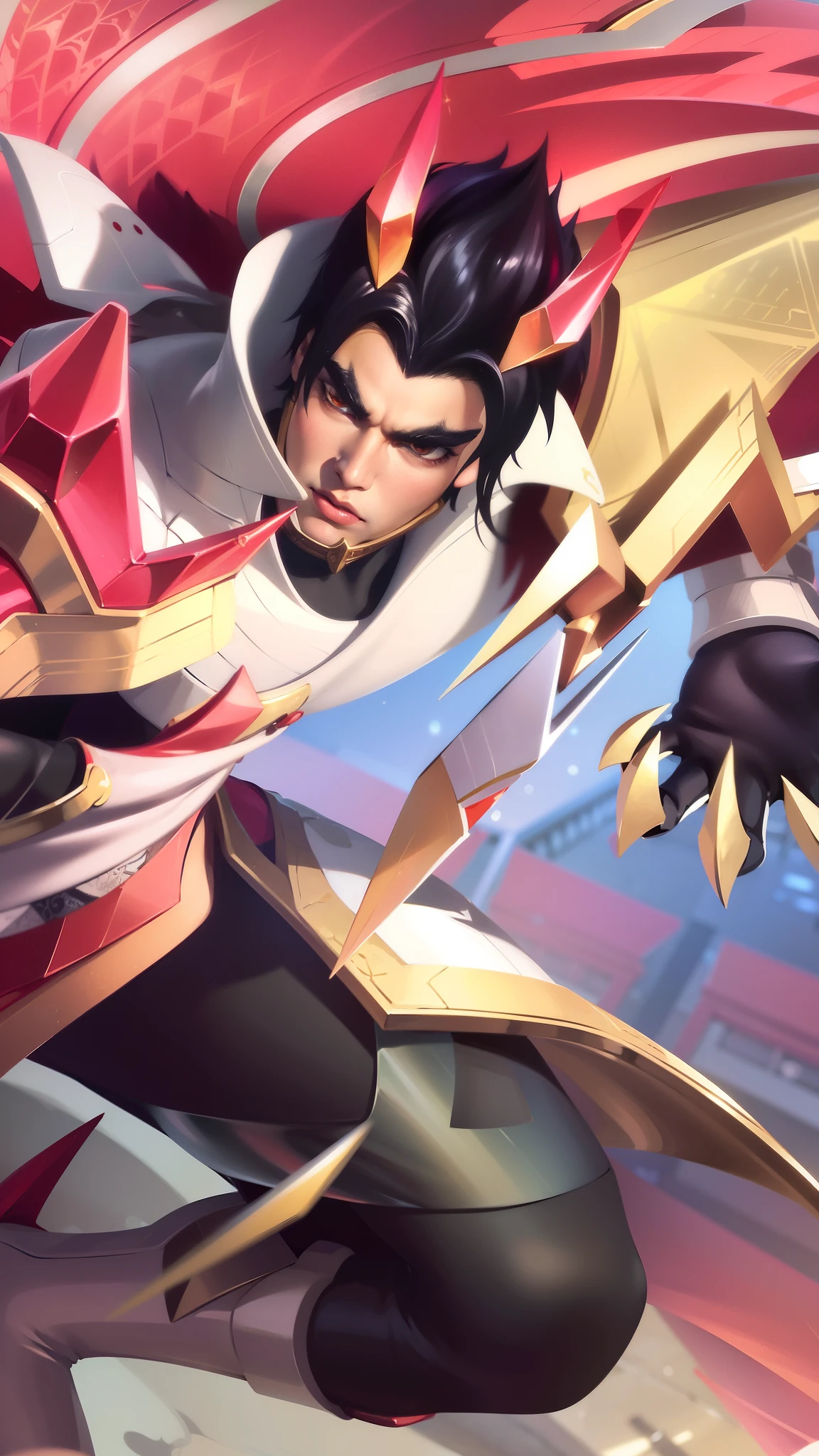 a close up of a guy with a sword and a red cape, son of sparda, handsome guy in demon slayer art, Best quality, masterpiece, detailed skin texture, detailed clothes texture, detailed face, super detail, 8k, intricate detail, The color doesn't change, Muscle guy, 1 guy.