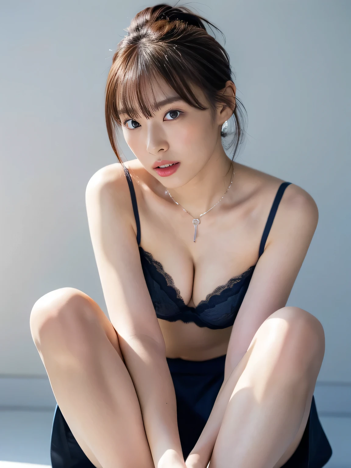 ((From the feet to the whole body:1.8)),
((highest quality, 8k, masterpiece: 1.3)), Perfect body beauty: 1.4, (Highlight Haircut, Breast A cup:1.2), Small breasts, Round shaped breasts, Perfectly shaped breasts, Simple Necklace, Highly detailed face, Beautiful woman, (Dark brown shortcuts), Slim face, Highly detailed face and skin texture, Highly detailed lips, Spread your legs, highest quality, masterpiece, 超A high resolution, (Realistic:1.4), Open your arms, Long Shot,
((Age 35, Beautiful female announcer:1.2)),
((Navy blue satin underwear, Shoulder:1.5)),
((Short flared skirt, Too much exposed skin, long legs are visible:1.2)),
((Gorgeous Earrings, Silver Necklace)),
((Hospital examination room, Bright room, White wall, Foliage plant:1.2)),
((Put a stethoscope on your body during a health check, Her skirt flips up to reveal her beautiful thighs:1.5)),
((Sexy atmosphere, Gaze seducing a man, hold out your lips, Have sex with your boyfriend:1.2)),
((Touching lips with fingers, Focus on the ankles:1.2)),
((Lift your face a little)),
((Squint your eyes)),
((Pursing your lips:1.2)),
((Blushing:1.2)),
((open your mouth slightly to show your white teeth,, stick out your tongue a little)),
((Body facing forward)),
((The cleavage is fluffy)),
((Flat Chest, Beautiful breasts)),
Realistic skin texture, Fair skin, Shiny skin, Beautiful skin on legs, Beautiful legs,
Highly detailed face, Slim face contour, Beautiful small face, Beautiful Nose,
Very fine eye, Long, narrow eyes, Brown eyes, double eyelid, Extremely fine eyebrows, thin, Long eyelashes,
Ultra-detailed lips, Plump and moisturized lips, Glossy pink lips, Blushed,
Beautiful actress'Dull makeup, Pink lipstick, smokey eye shadow, Eye Foundation,
Dark brown hair, Delicate and soft hair, Hair blowing in the wind,
(Elegantly putting your hair up, Medium Short Hair, ponytail:1.2),
Layered Cut, (Blunt bangs:1.2),
mouth half open, Dreamy look, ((Staring at the audience)),
(((Photorealism,Shooting the whole body from the thighs:1.2))), ((Body facing sideways)),
Dynamic Lighting,