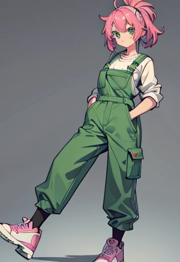 Human female, pink hair , Green pupils ,overall Pants