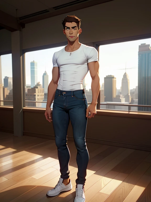 jon, a young guy in his 30s with asymmetric very short brown hair, green eyes with brown specs, a flat nose, smooth skin, slim athletic body, ((full body, jeans and simple white t-shirt)), standing in brightly lit modern conference room, top to bottom glass widows showing new york skyline