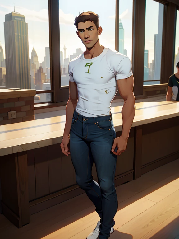 jon, a young guy in his 30s with asymmetric very short brown hair, green eyes with brown specs, a flat nose, smooth skin, slim athletic body, ((full body, jeans and simple white t-shirt)), standing in brightly lit modern conference room, top to bottom glass widows showing new york skyline
