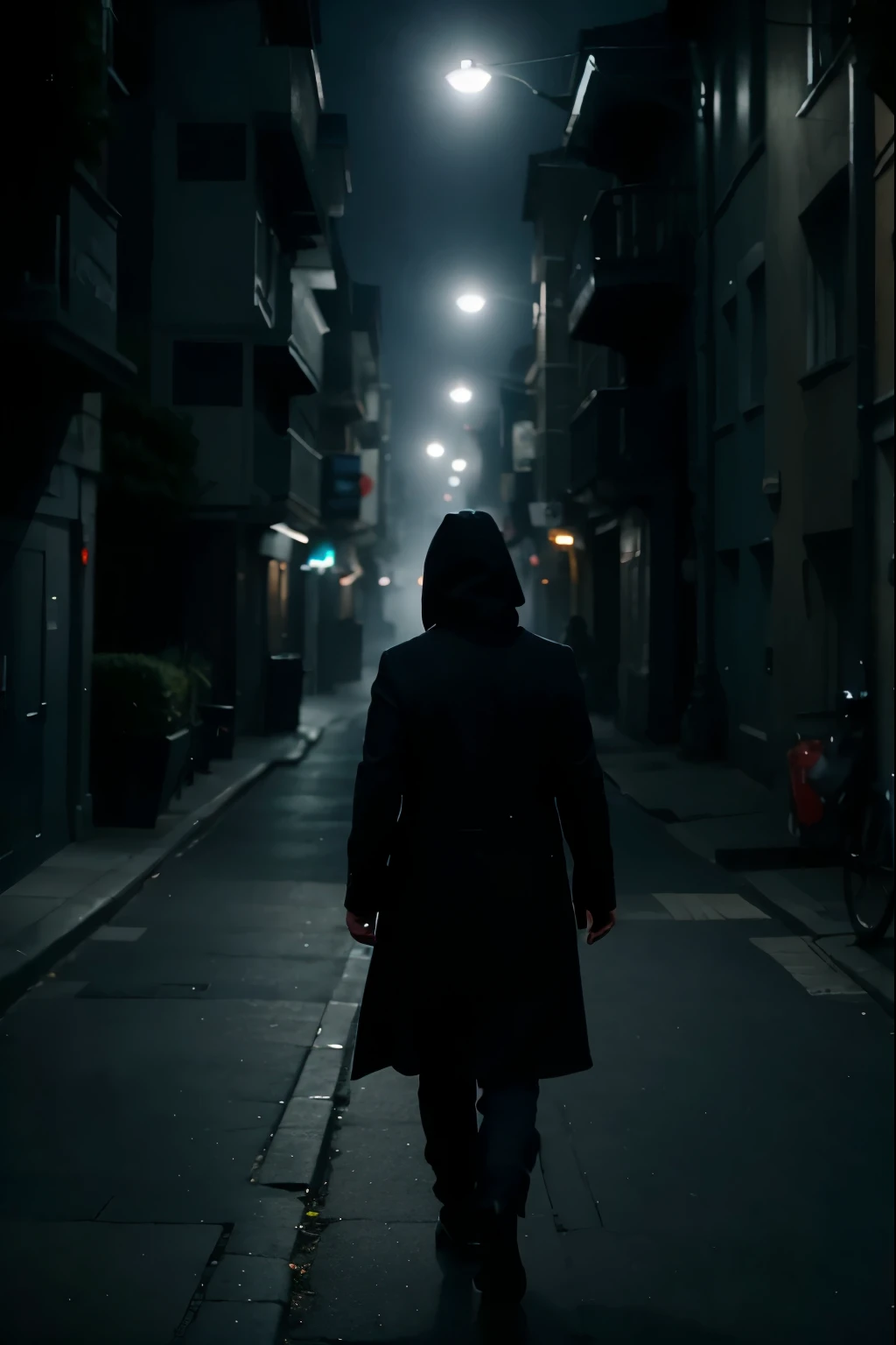 dark blue night, mysterious figure walking away, foggy , few lamp posts