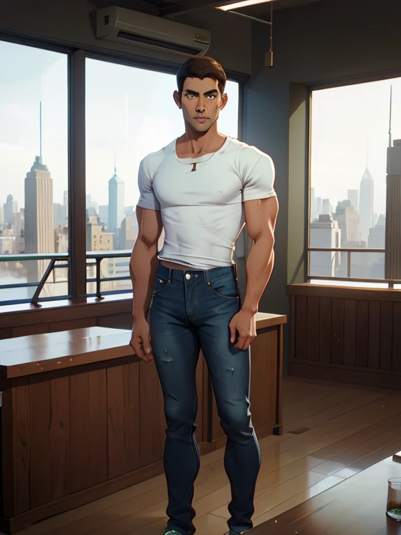 jon, a young guy in his 30s with asymmetric very short brown hair, green eyes with brown specs, a flat nose, smooth skin, slim athletic body, ((full body, jeans and sloppy wide white t-shirt)), standing in brightly lit modern conference room, top to bottom glass widows showing new york skyline