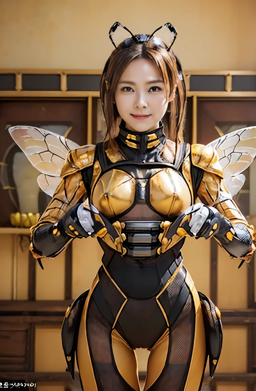 (high resolution,masterpiece,best quality,extremely detailed CG, anime, official art:1.4), realistic, photo, amazing fine details, all intricate, gloss and shiny,awesome many layers, 8k wall paper, 3d, sketch, kawaii, illustration,( solo:1.4), perfect female proportion,villainess, (fusion of queen bee and lady:1.4), (queen bee form lady:1.2), (queen bee lady:1.2), (fusion:1.2), (solo:1.4), (evil smile:1.2), muscular, abs, (queen bee exoskeleton bio insect suit:1.4), (cockroach brown exoskeleton bio insect armor:1.2), (brown transparency queen bee wing:1.4), (brown queen bee antennae:1.3),