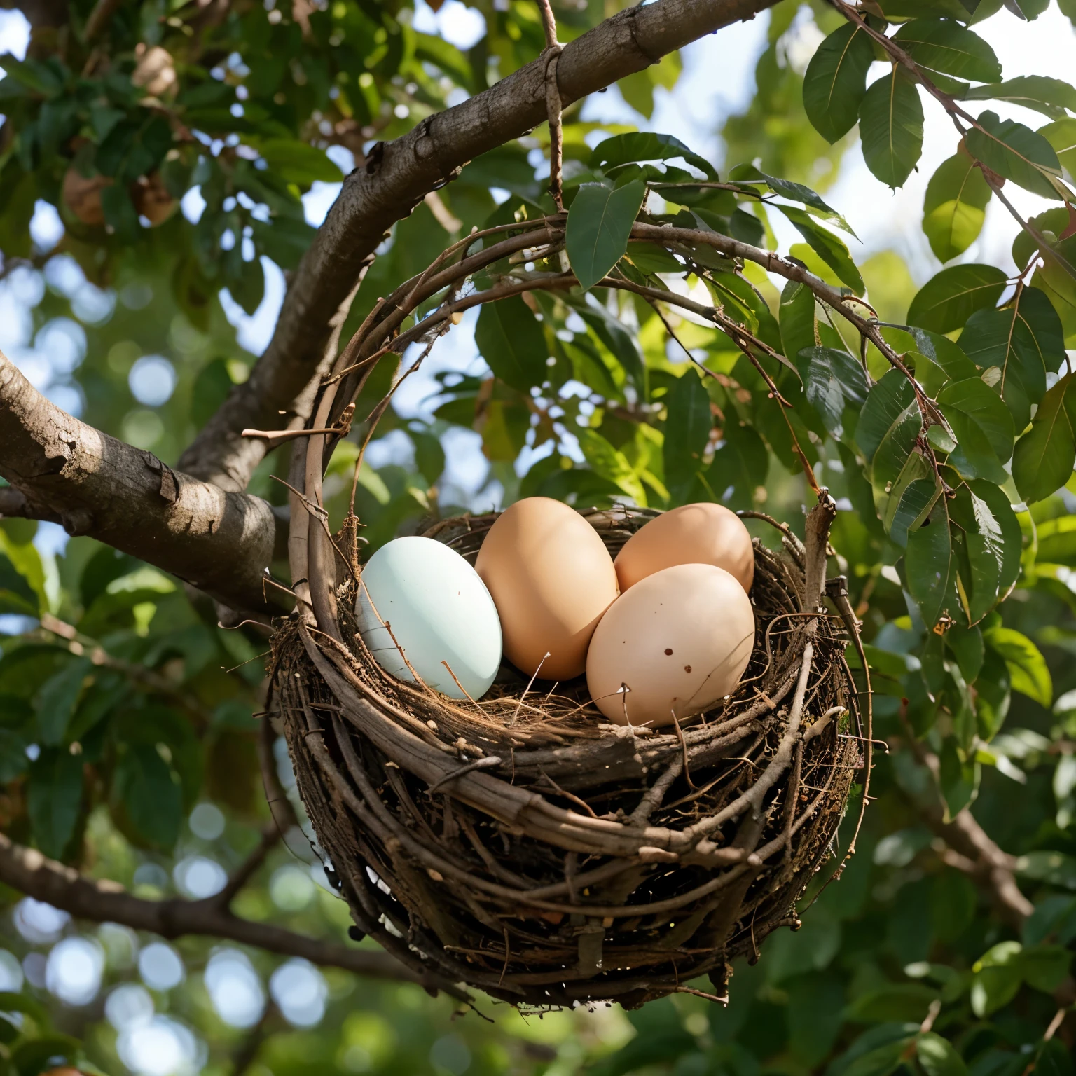 a Nest on a Branch of a tree and there are two eggs in the nest, leaves around the nest 