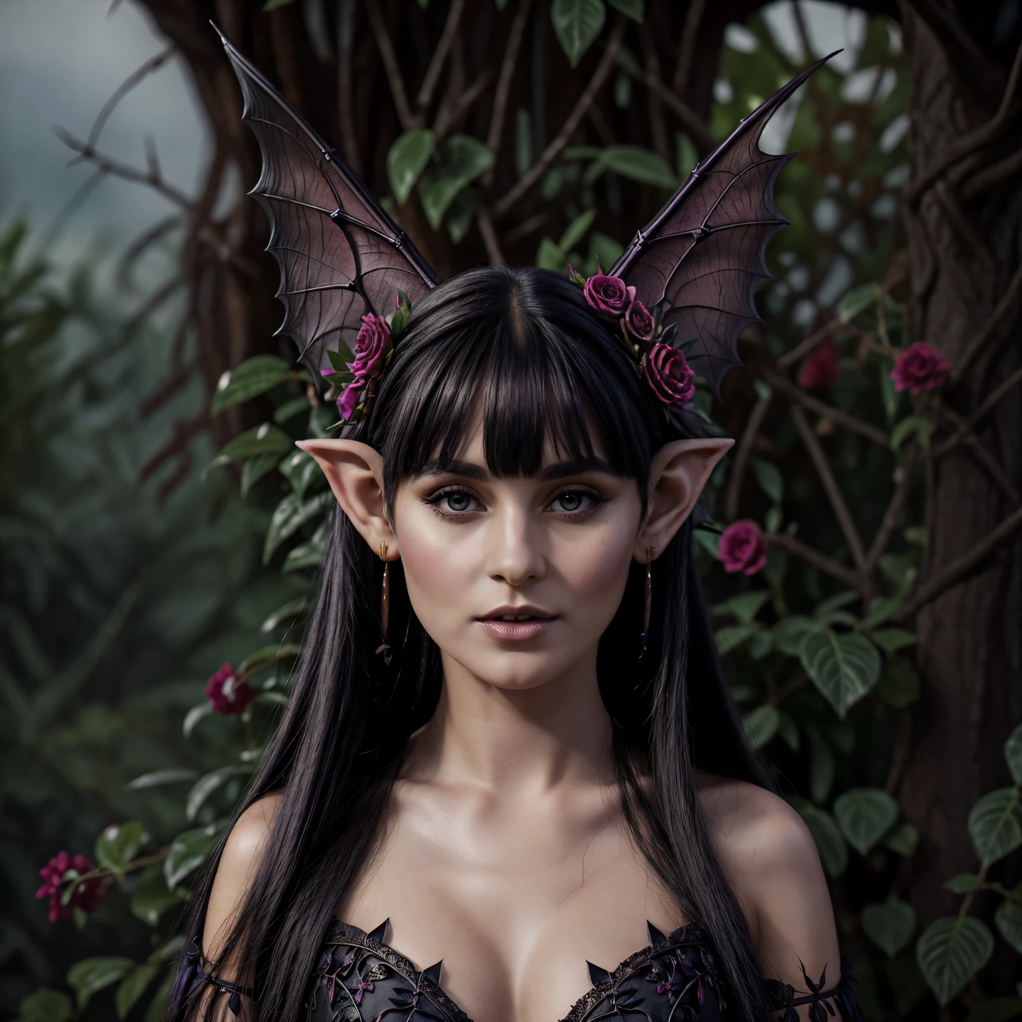A beautiful young dark elf, with long straight black hair with bangs, pale silky skin, beautiful eyes, full breasts, full lips, wearing gothic earrings, a tiara of thorns and black flowers on her head, with two bat wings behind her head, wearing a beautiful low-cut black silk dress, with bouquets of funeral flowers on both sides and, in the background, bats fly around and under her head, beautiful hyper-realistic succubu elf, elf adorned with bat and flowers photorealistic, beautiful elf of black forest with intricate details.