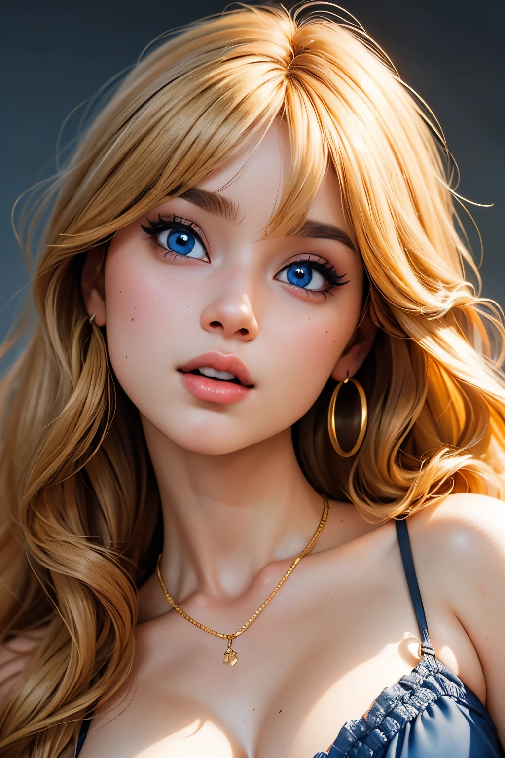 (Masterpiece, Professional lighting, 16k, 8k wallpaper, raw photo, photorealistic:1.8, ultra detailed, natural lighting, detailed skin, detailed face, detailed eyes), 1 beautiful girl, long curly blond hair with bangs, necklace, blue eyes, sexy gaze