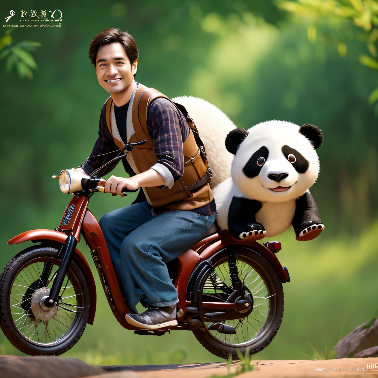 (Pixar Style) Portrait of a man riding a panda, Natural skin texture, 4K Textures, High resolution, Complex, Very detailed, Sharp focus, Ultra-detailed