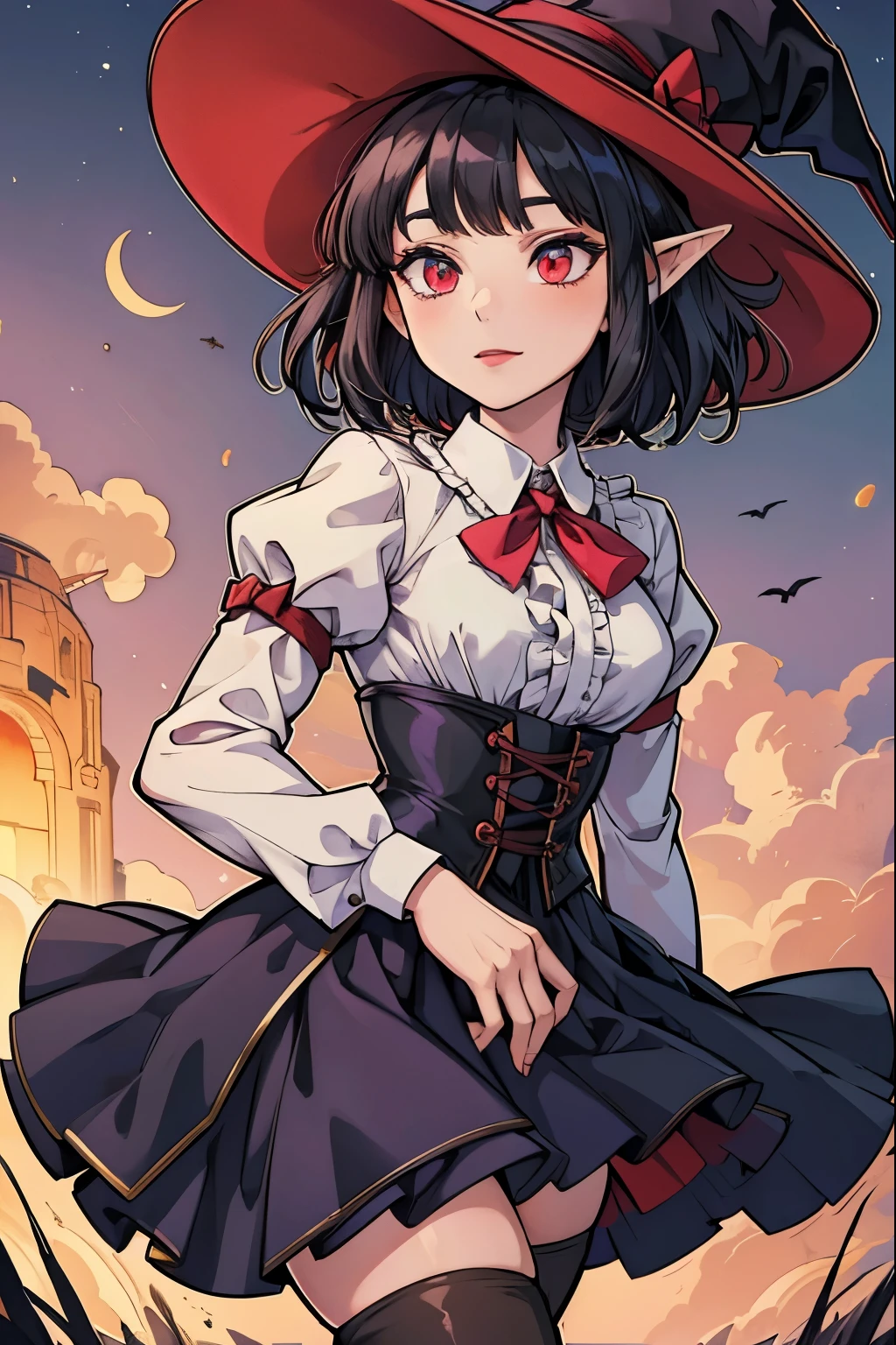 Anime girl, short black hair, Bangs are heavy, elf ears, red eyes, vampire, sorcerer, magician, witch, big witch hat, elegant,((best quality)), ((highly detailed)), masterpiece, absurdres, (detailed eyes, deep eyes), (1girl), puffy shirt, big bowtie, corset, skirt, stockings, boots, cape, Outside at night when the moon shines, frills, The sleeves are wide at the hem, long sleeve shirt