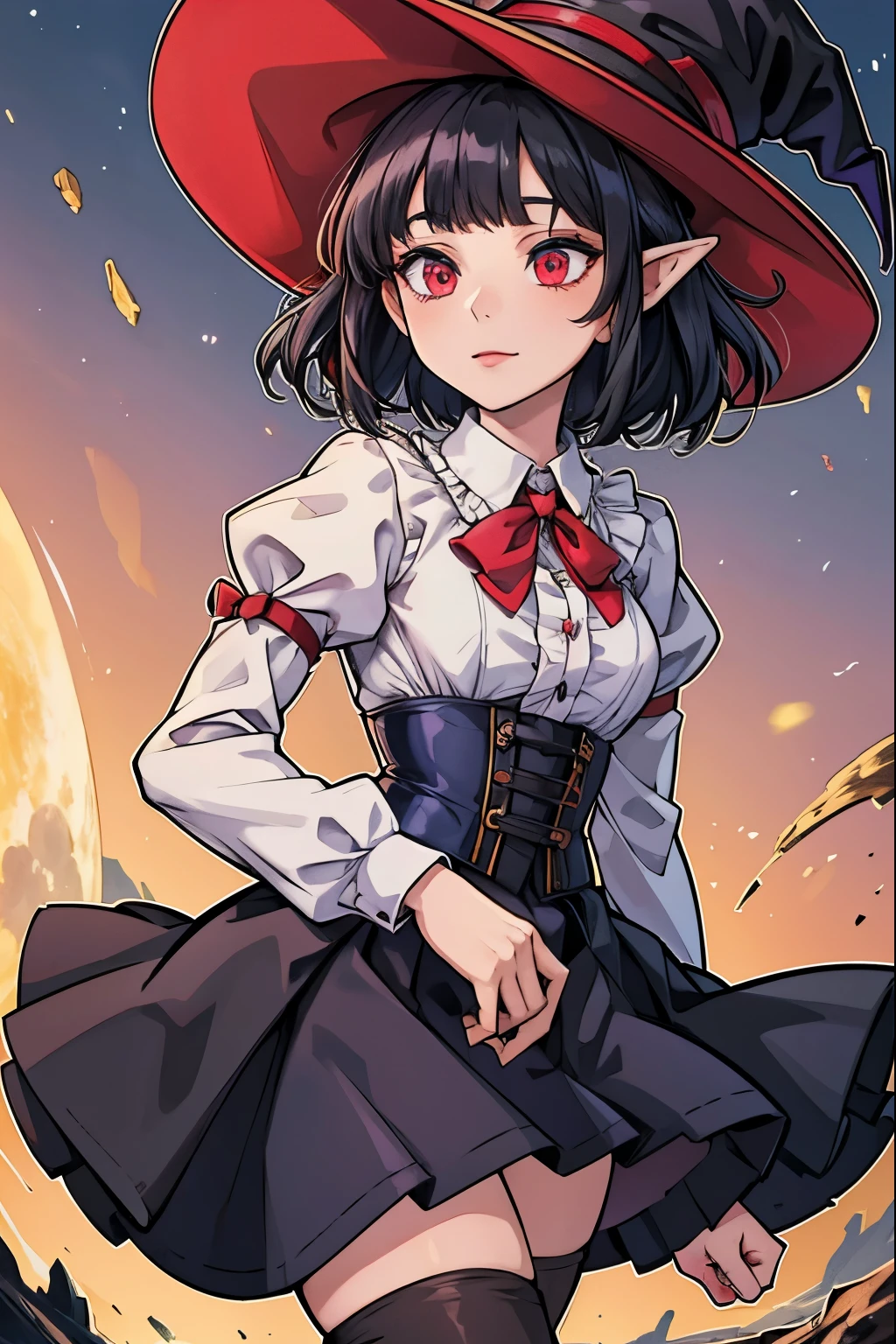 Anime girl, short black hair, Bangs are heavy, elf ears, red eyes, vampire, sorcerer, magician, witch, big witch hat, elegant,((best quality)), ((highly detailed)), masterpiece, absurdres, (detailed eyes, deep eyes), (1girl), puffy shirt, big bowtie, corset, skirt, stockings, boots, cape, Outside at night when the moon shines, frills, The sleeves are wide at the hem, long sleeve shirt