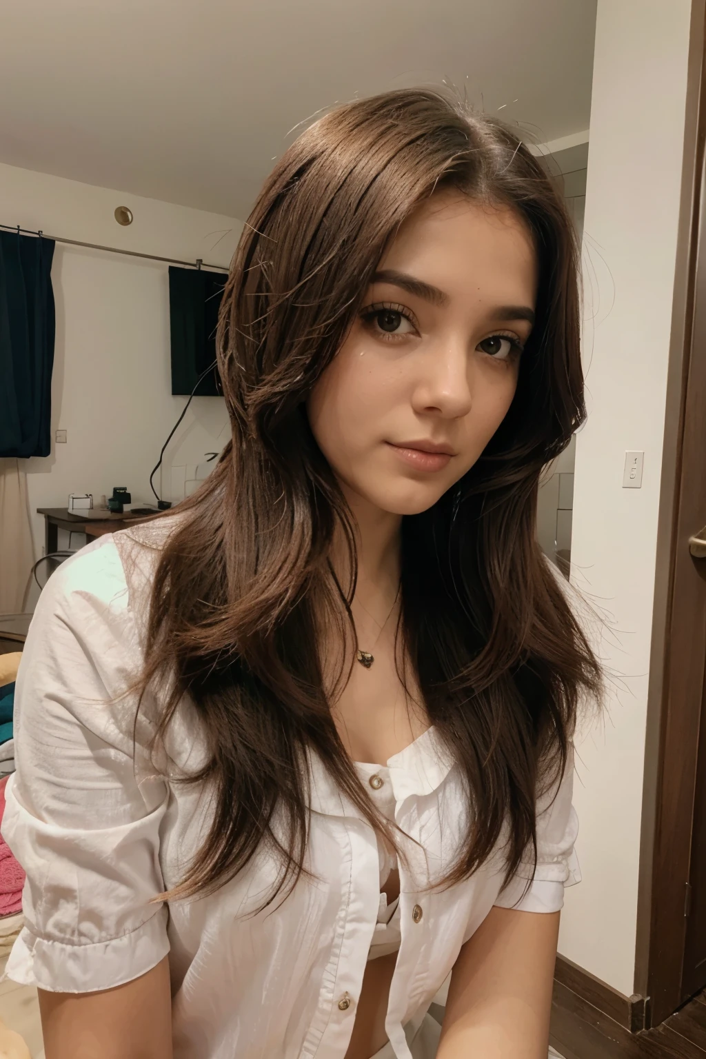 Garota de cabelo cor-de-rosa sem roupas em seu quarto