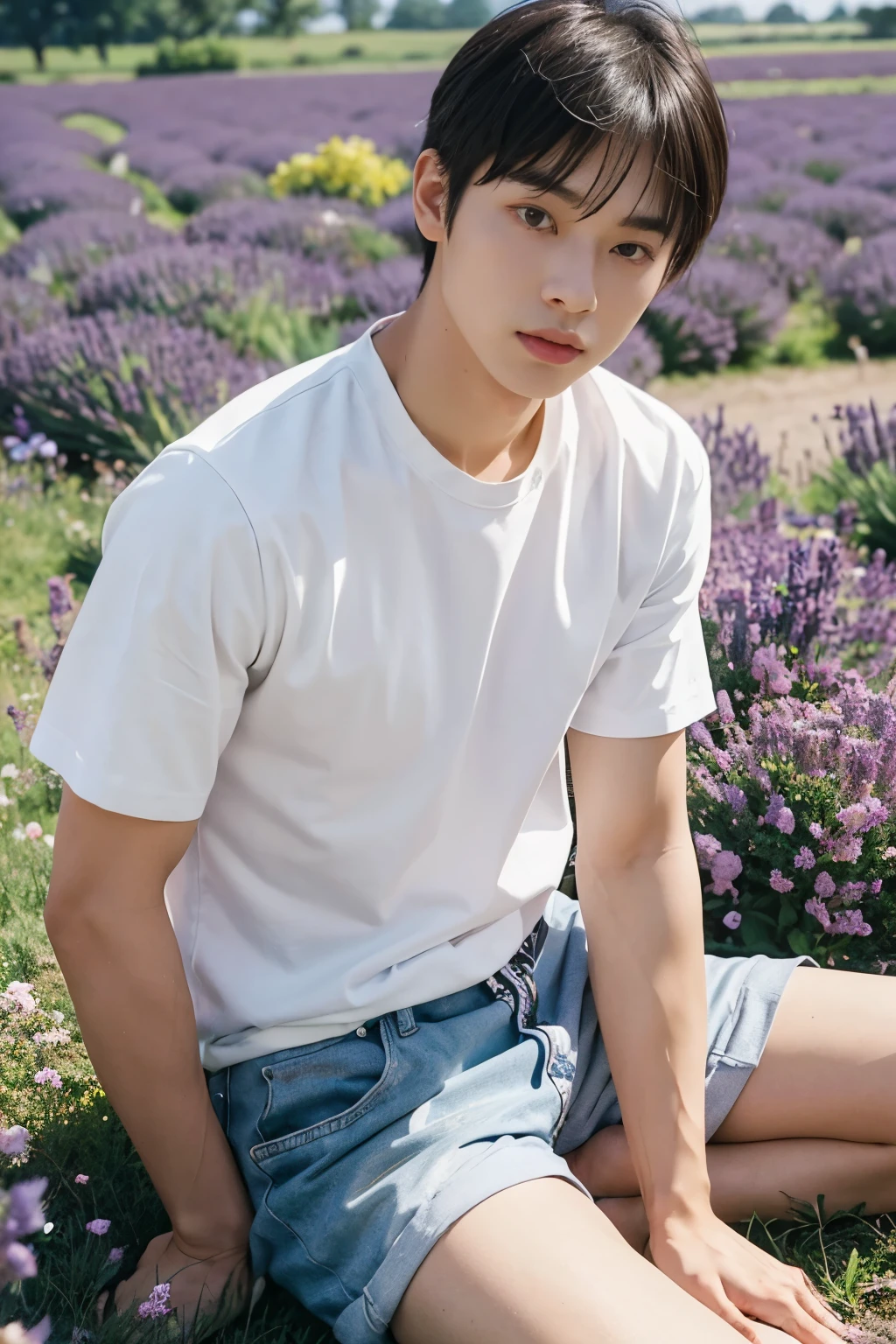 Asian muscular boy sitting on lavender field , wearing only white shirt, black micro thong, showing his naked thighs, muscular young male,, mid shot portrait, high quality portrait, Attractive pose, yanjun cheng, Inspired by Bian Shoumin, gorgeous young model, Casual pose, portrait a 25 - year - old boy, casual photography, Realistic. Cheng Yi, cute young man