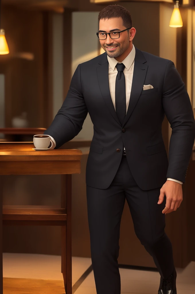An award-winning original photo, 1 man, solo, (41 year old)), George Pei, Chris Redfield, ((daddy)), muscular male, round face, bulge, tall and hunk, Man in suit and tie,Smiling,Wear glasses and a beard,Wear black leather shoes,short detailed hair,The demeanor is relaxed and laid-back,Enjoy time drinking coffee,soft and warm lighting,The aroma of coffee is pervasive,Elegant and refreshing,(Best quality, A high resolution, Photorealistic), Cinematic lighting, Masterpiece, RAW photo, Intricate details, hdr,