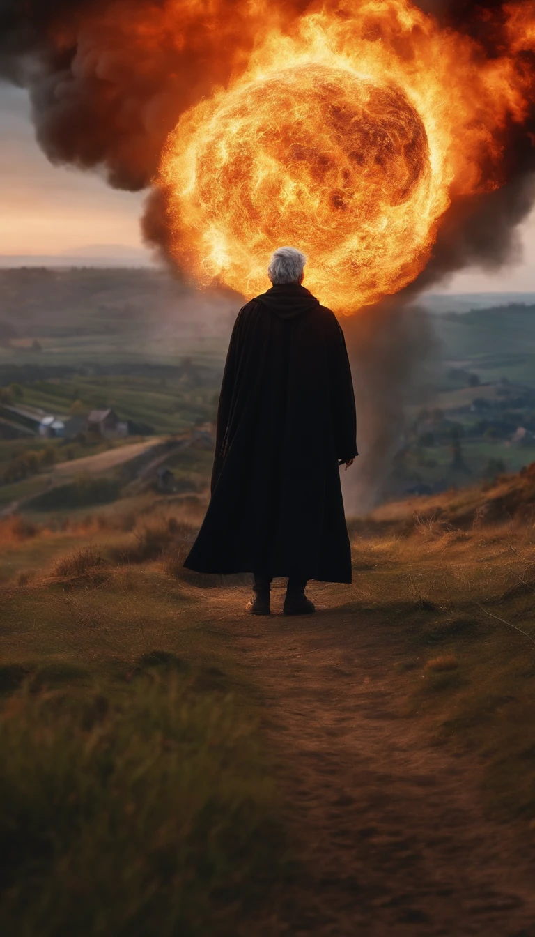 8k, close distance portrait, a male wizard with black clothes and grey short hair from behind, throwing a super massive huge fireball to a village in the distance from hill, with a burning village background the distance