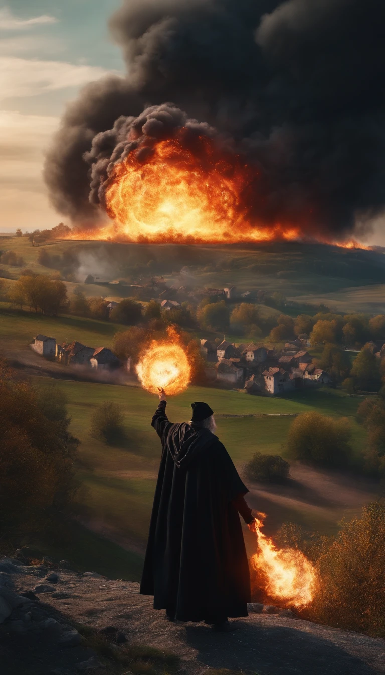 8k, close distance portrait, a male wizard with black clothes and grey short hair from behind, throwing a super massive huge fireball to a village in the distance from hill, with a burning village background the distance