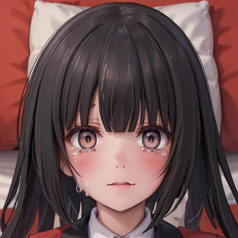 (looking at viewer, open eyes, alone, closeup face, typemoon, official art, ), solo, 1female,  crying female, kitchen, embarrassed,  hands on cheeks, cool face, front face, on bed, pillow, (masterpiece, ultra detailed, best quality, high res, ultra HD, detailed soft skin, detaled cute kawaii face, ),