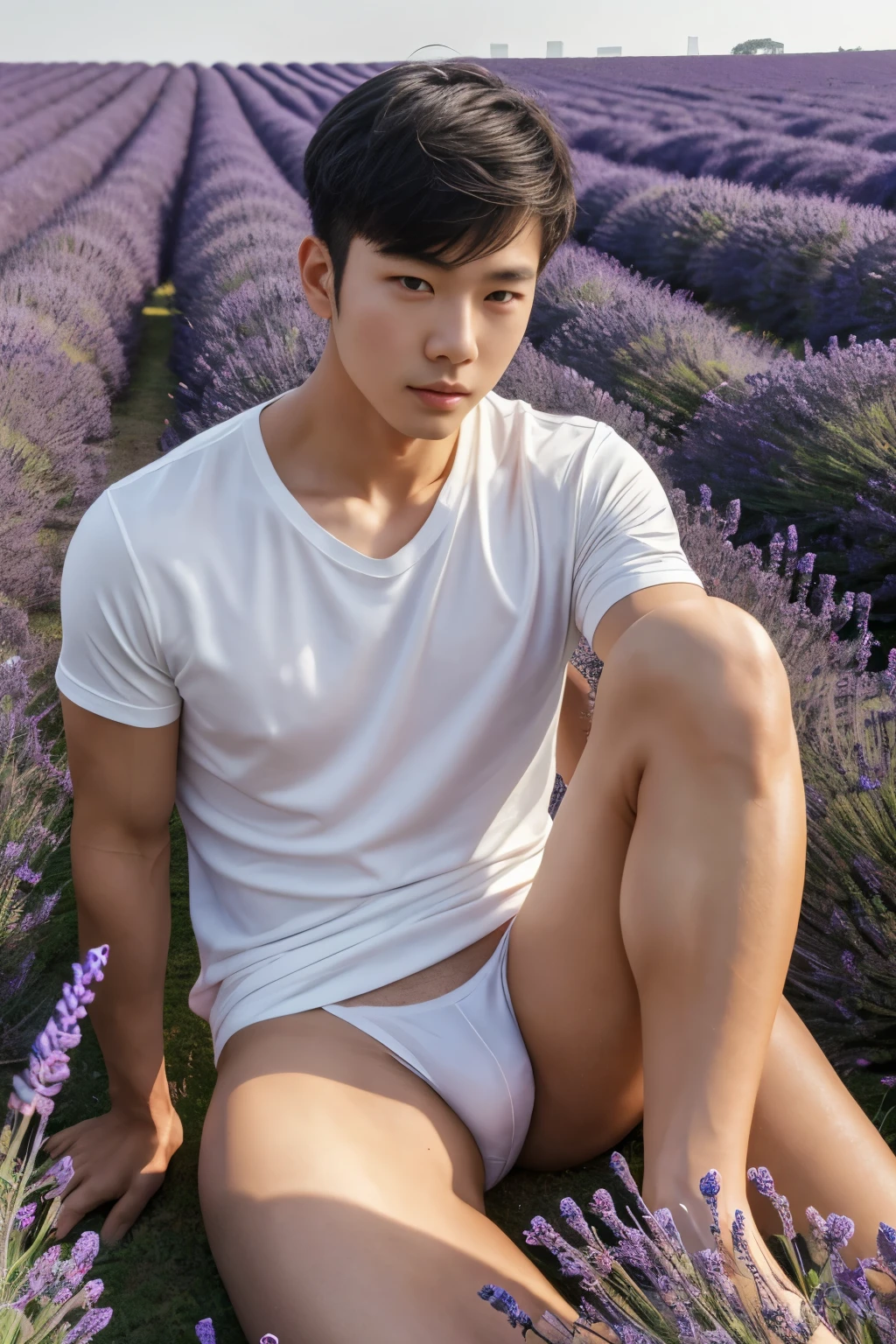 Asian muscular boy sitting on lavender field , wearing only white shirt, black micro thong, showing his naked thighs, muscular young male,, mid shot portrait, high quality portrait, Attractive pose, yanjun cheng, Inspired by Bian Shoumin, gorgeous young model, Casual pose, portrait a  25 - year - old boy, casual photography, Realistic. Cheng Yi, cute young man