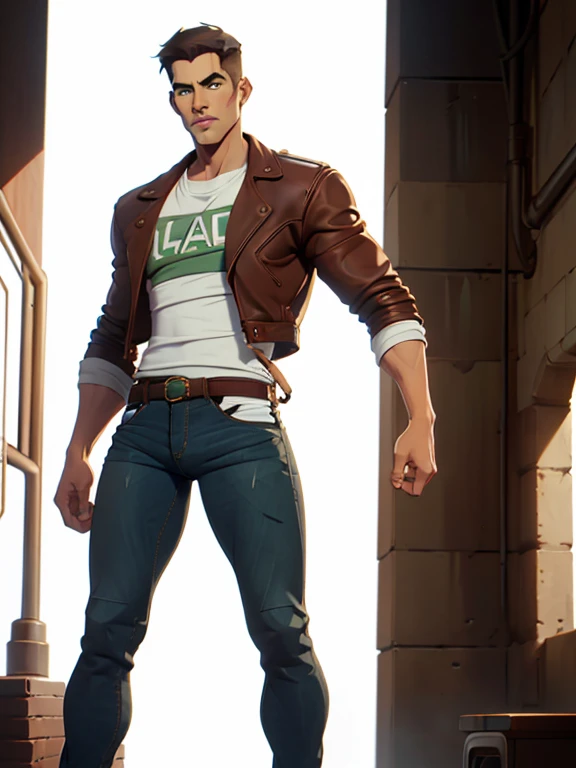 jon, a young guy in his 30s with asymmetric very short brown hair, green eyes with brown specs, a flat nose, smooth skin, slim athletic body, ((full body, overlarge jeans and white rapper t-shirt and leather jacket))